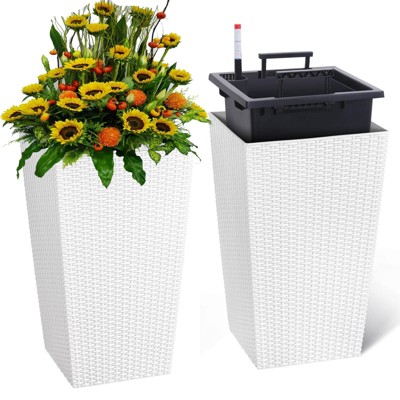 Tall Wicker Planter with Insert Set of 2-Self Watering Large Tall Rattan Planter Pots for Indoor and Outdoor 30Inch,Wicker Flower Pots for Front Door