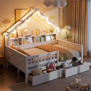 Full Size Wood House Daybed with LED Lights, Storage Shelves, Drawers and Guardrail, White/Natural - ModernLuxe - 1 of 4