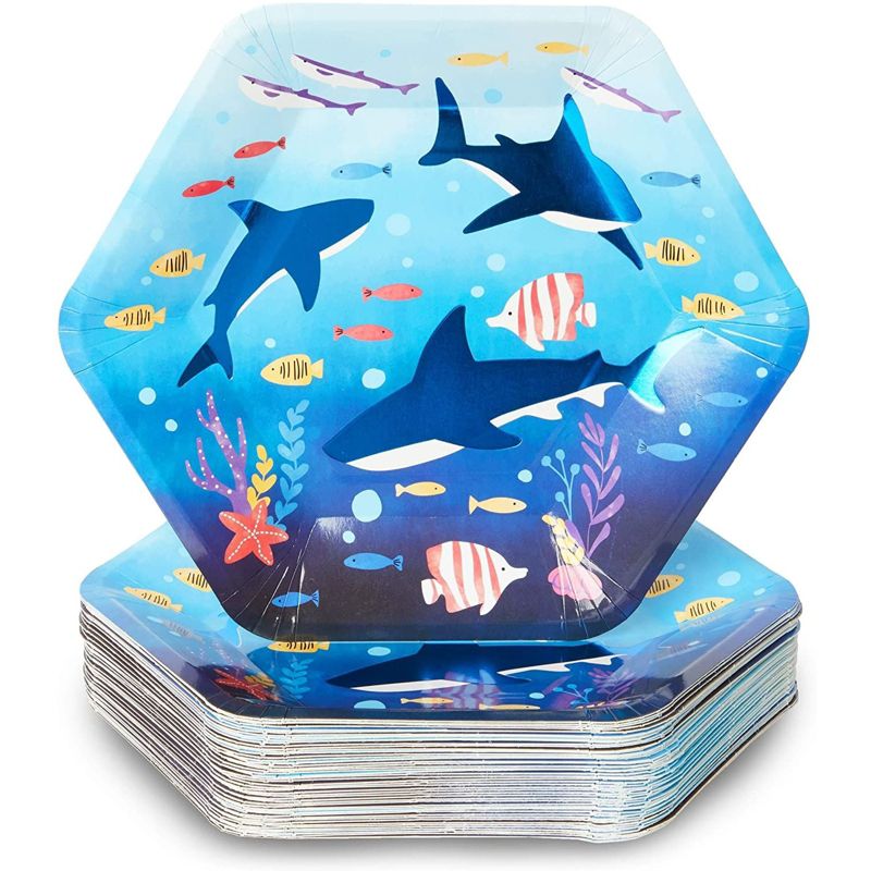 Blue Panda 48 Pack Blue Shark Disposable Paper Plates Hexagon 9 Inch for Kids Birthday Party Supplies & Decorations, 1 of 7