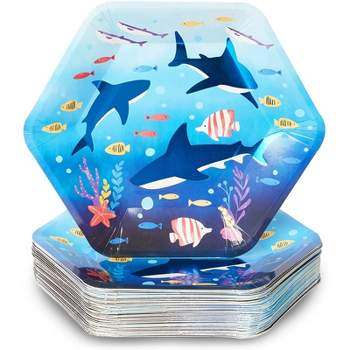 Blue Panda 48 Pack Blue Shark Disposable Paper Plates Hexagon 9 Inch for Kids Birthday Party Supplies & Decorations