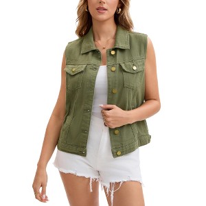 INSPIRE CHIC Women's Sleeveless Turndown Collar Button Down Chest Flap Pockets Washed Denim Vest - 1 of 4