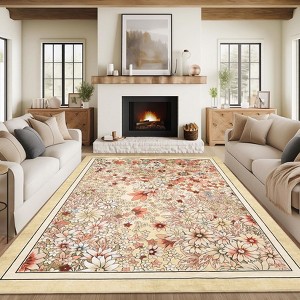 Floral Area Rugs Machine Washable Rugs for Bedroom Non Slip Farmhouse Flower Rustic Rugs for Living Room - 1 of 4
