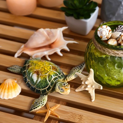 Glossy Green Resin Sea Turtle Coastal Figurine 5.5 Inches