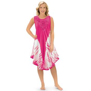Collections Etc Woven Tie Dye Dress with Embroidery Scooped Neckline, Lightweight Beach Coverup