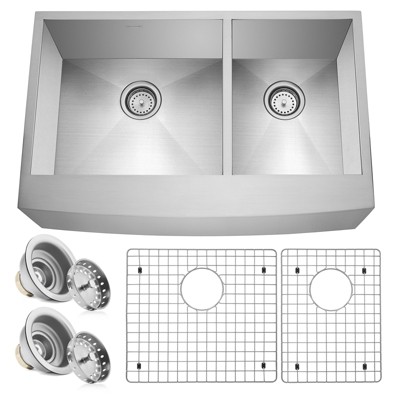 Miligore 33" x 21" x 10" Deep Double Bowl (60/40 Split 16-Gauge Stainless Steel) Farmhouse Apron Kitchen Sink with Drains/Grids