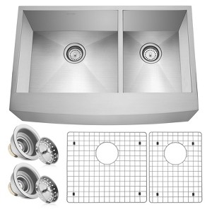 Miligore 33" x 21" x 10" Deep Double Bowl (60/40 Split 16-Gauge Stainless Steel) Farmhouse Apron Kitchen Sink with Drains/Grids - 1 of 4