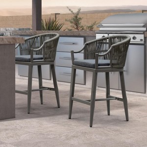 PURPLE LEAF Outdoor Bar Stools Set of 2 Patio Wicker Modern High Bar Chairs Metal Cushioned Barstools with Backs and Ergonomic Armrest - 1 of 1