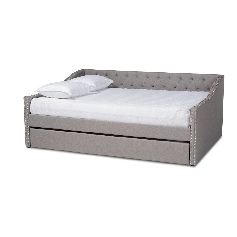 Photos - Bed Frame Queen Haylie Upholstered Daybed with Trundle Light Gray - Baxton Studio