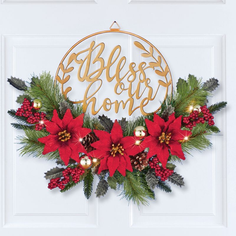 Collections Etc Bless our Home Gold-Tone Metal Door Wreath with Poinsettias, 2 of 3