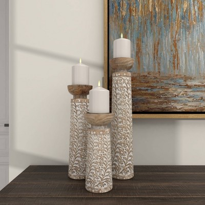 Rustic Elegance Mango Wood Carved Candle Holders, Brown Floral Set of 3