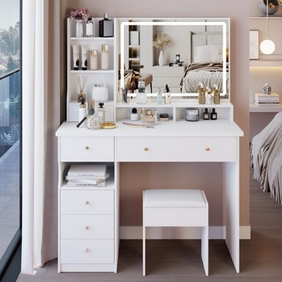 Makeup Vanity Desk with Mirror and Light, Makeup Vanity Table with Stool, Dressing Table with Drawers & Open Storage for Small Space White