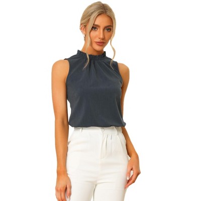 Allegra K Women's Sleeveless Frill Mock Neck Ruffle Chambray Blouse