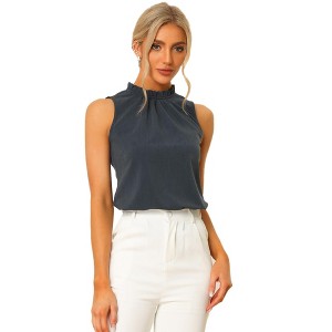 Allegra K Women's Sleeveless Frill Mock Neck Ruffle Chambray Blouse - 1 of 4