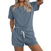 Ekouaer Ribbed Knit Lounge Sets for Women 2 Piece Outfits Short Sleeve Top and Shorts Pajama Sets Tracksuit Sweatsuits - 2 of 4