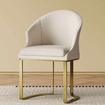 ORRD Set of 2 Modern Leather Chairs, Metal Legs & Backrest, White Seat with Gold Steel Feet, for Dining Room, Living Room, Office