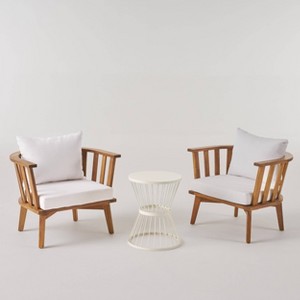 Phipps 3pc Acacia Wood Club Chair and Table Set - Teak/White - Christopher Knight Home: Weather-Resistant, with Cushions - 1 of 4