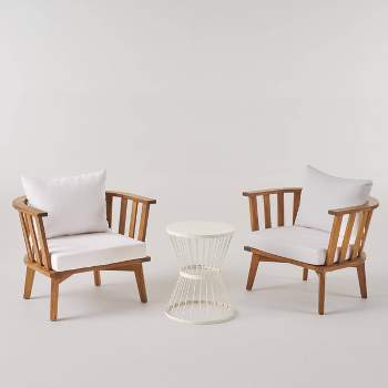 Phipps 3pc Acacia Wood Club Chair and Table Set - Teak/White - Christopher Knight Home