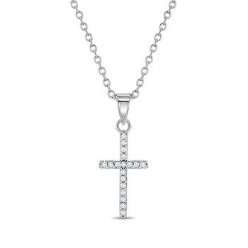 Girls' Cubic Zirconia Religious Cross Sterling Silver Necklace - Clear - In Season Jewelry