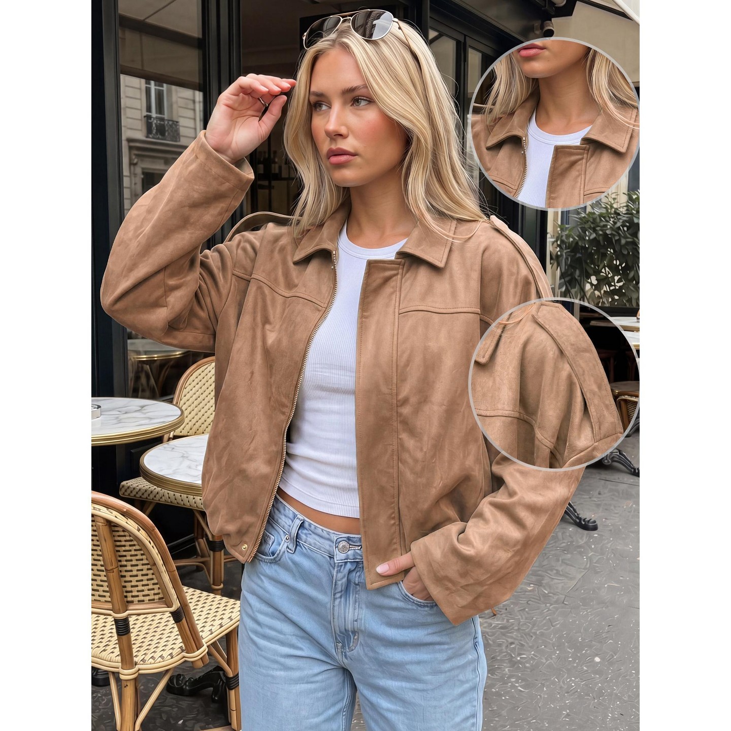Женская куртка INSPIRE CHIC Cropped Faux Suede Lapel Batwing Sleeve Zip Up Bomber Outerwear Jacket M Khaki, цвет: Хаки — фото 2