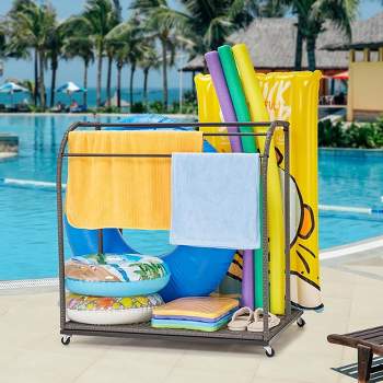 Whizmax Pool Towel Rack Outdoor with Rattan Base,5 Bar Free Standing Poolside Beach Towel,Rattan Weaving Outdoor Towel Rack, Gray