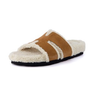 CUSHIONAIRE Cuddle Fur Slippers for Women Faux Shearling Slide Sandal +Memory Foam, Wide Widths Available - 1 of 4