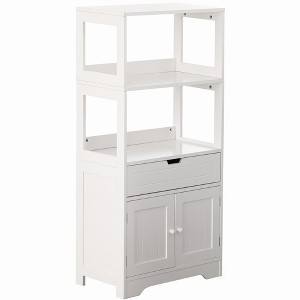 Tall Freestanding Wooden Storage Vanity, Kitchen Pantry, and Bathroom Cabinet Organizer, with 2 Open shelves, A drawer and 2 Door Cabinet, White - 1 of 4