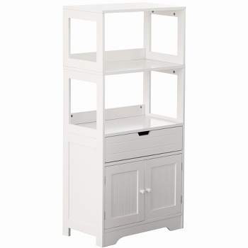 Tall Freestanding Wooden Storage Vanity, Kitchen Pantry, and Bathroom Cabinet Organizer, with 2 Open shelves, A drawer and 2 Door Cabinet, White