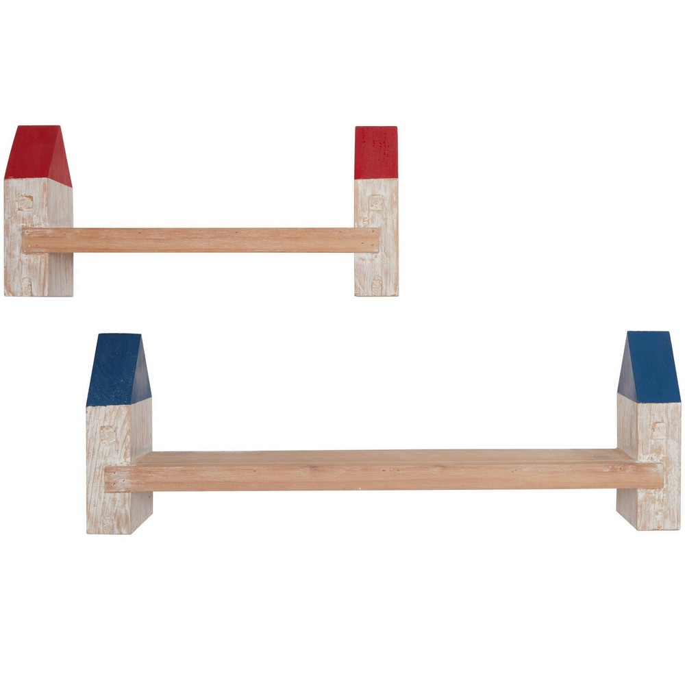 Photos - Wall Shelf Set of 2 Wood Light House White Washed Wall with Red and Blue Accents - Ol
