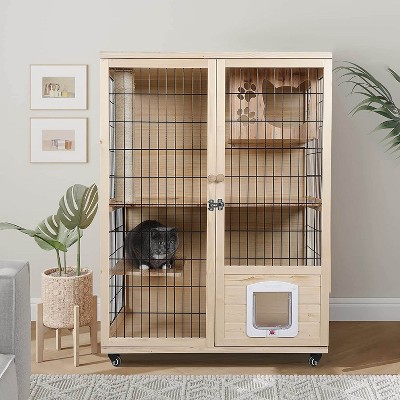Elecwish Wooden Cat House Large Space Cats Cage with Scratching Post and Lockable Wheels Double Layer with Escape Door Outdoor/Indoor (Extra Large)
