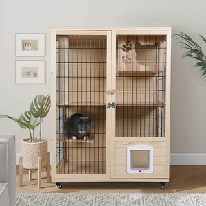 Elecwish Wooden Cat House Large Space Cats Cage with Scratching Post and Lockable Wheels Double Layer with Escape Door Outdoor/Indoor (Extra Large) - 1 of 4