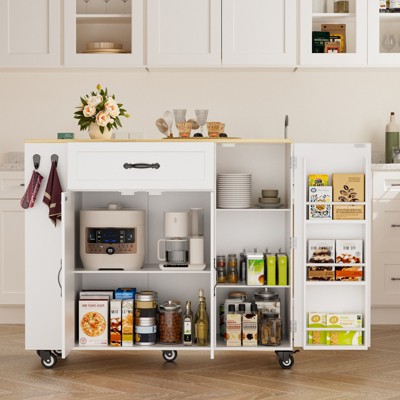 Buenhomino Kitchen Island with Folding Drop Leaf, Rolling Island Table with Storage, Kitchen Cabinet on Wheels for Kitchen, Bar Cart with Cabinet