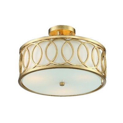 Libby Langdon Antique Gold Circular 3-Light Semi-Flush Mount with White Silk Shade