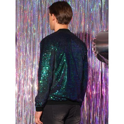 Lars Amadeus Men's Zipper Long Sleeves Party Disco Shiny Sequin Bomber Jacket Multicolor X Large — фото 3
