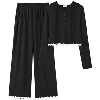 ATHLECHIC Women's Casual Lounge Cropped Half Button Hoodie Top Wide Leg Pants Ribbed Knit Tracksuit Two Piece Sets