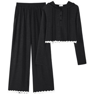 ATHLECHIC Women's Casual Lounge Cropped Half Button Hoodie Top Wide Leg Pants Ribbed Knit Tracksuit Two Piece Sets - 1 of 4