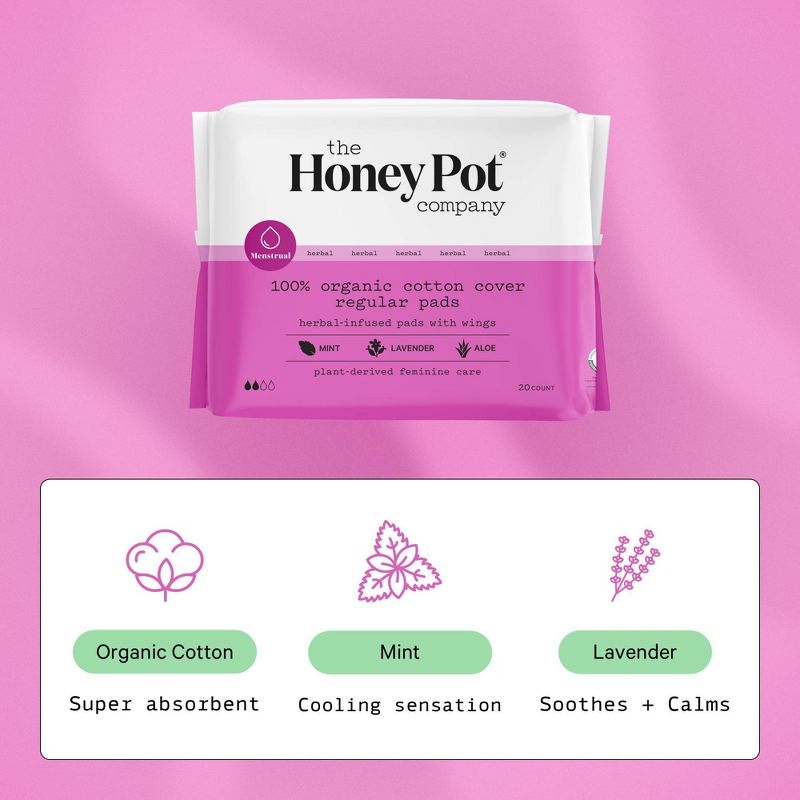 The Honey Pot Company, Herbal Regular Pads with Wings, Organic Cotton Cover - 20ct, 5 of 16