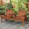 Outsunny Patio Bench, Wood Garden Bench with Center Table & Umbrella Hole, Wooden Outdoor 2 Chair Set, Slatted, Varnished - 3 of 4
