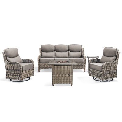 Buenhomino 5Pcs Patio Furniture Set with Fire Pit - Wicker Patio Conversation Set with Swivel Glider, Wicker Sofa, Tempered Side Table,6-inch Cushion