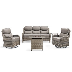 Buenhomino 5Pcs Patio Furniture Set with Fire Pit - Wicker Patio Conversation Set with Swivel Glider, Wicker Sofa, Tempered Side Table,6-inch Cushion - 1 of 4