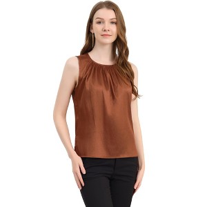 Allegra K Women's Satin Round Neck Sleeveless Work Office Pleated Blouse - 1 of 4