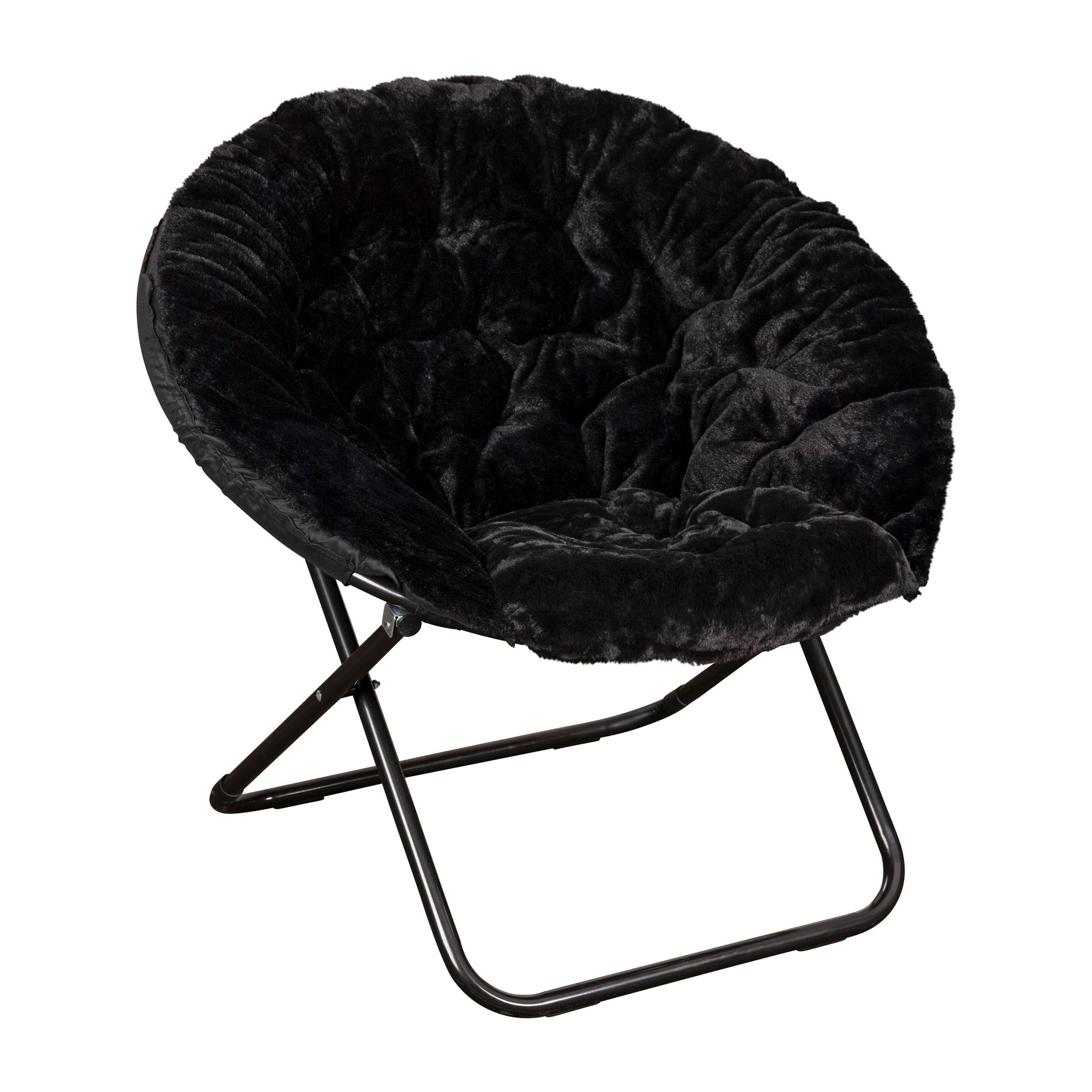 Emma and Oliver Cozy Faux Fur Oversize Folding Moon Chair with Metal Frame-Black/Black