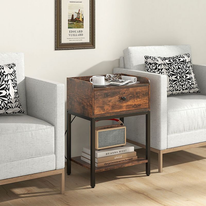 Tangkula Nightstand Side End Table w/ Charging Station Drawer Open Shelf for Small Space, 2 of 10