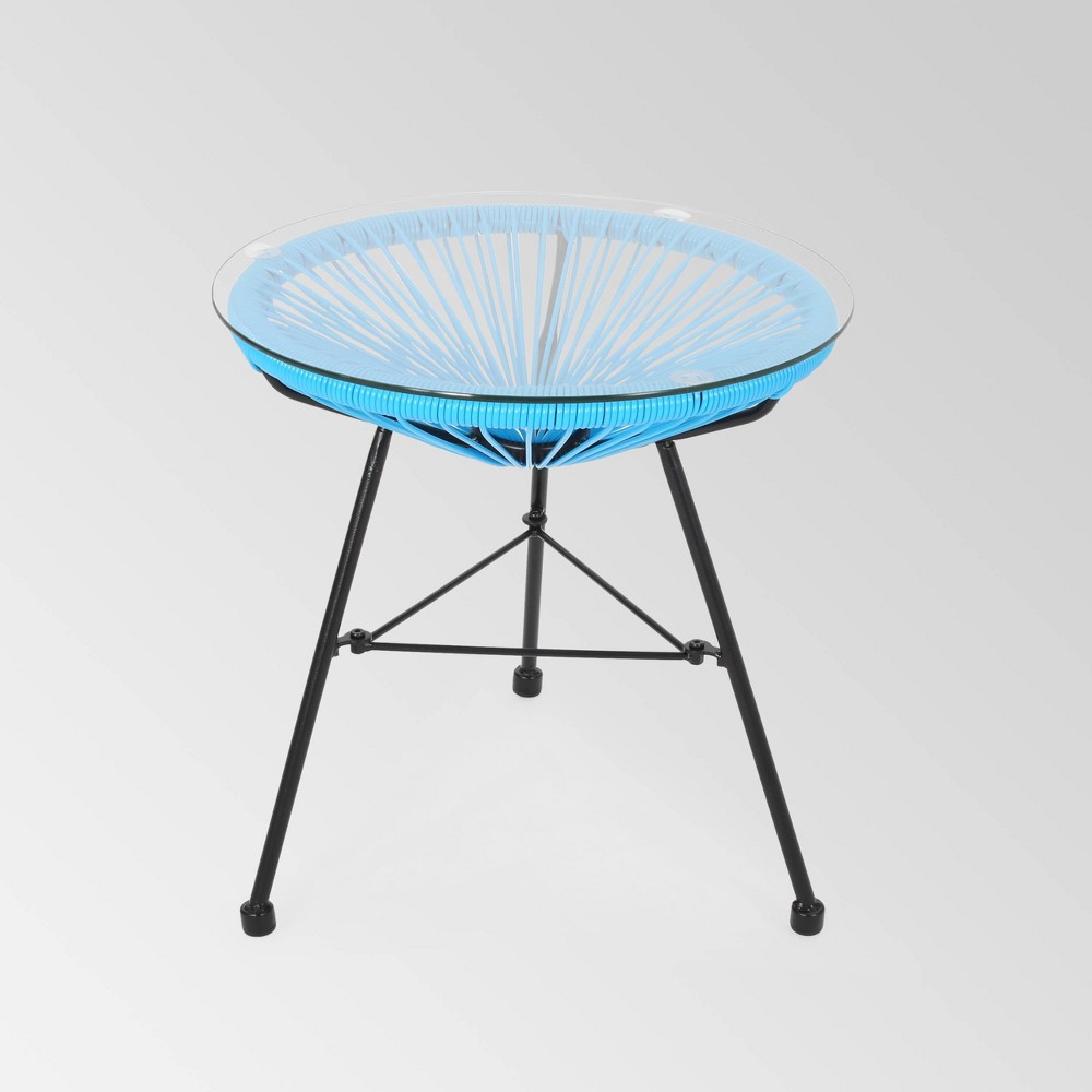 Nusa Faux Rattan Modern Side Table - Blue - Christopher Knight Home: Weather-Resistant, Iron Frame, Tempered Glass