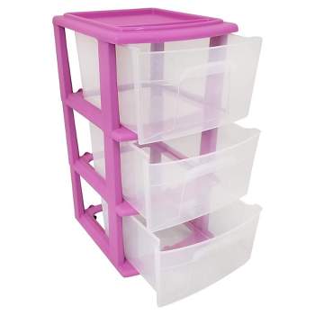 Homz Clear Plastic 3 Drawer Medium Home Organization Storage Container Tower with 3 Large Drawers and Removeable Caster Wheels, Purple Frame