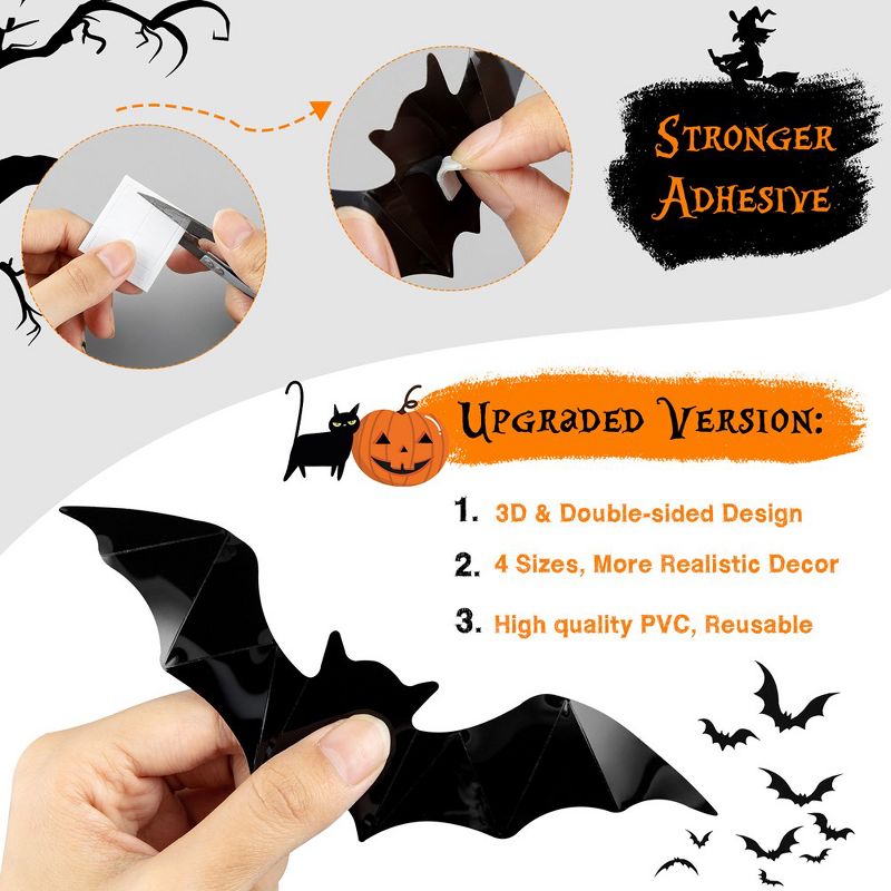 160 Pcs Bats Sticker Halloween Party Supplies Halloween Decorations, 4 Sizes Realistic 3D Bats Wall Decor, 5 of 13