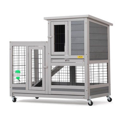 Sandinrayli Indoor Outdoor Rabbit Hutch on Wheels, Rolling Large Bunny Cage with Removable Tray, Ramp, Grey