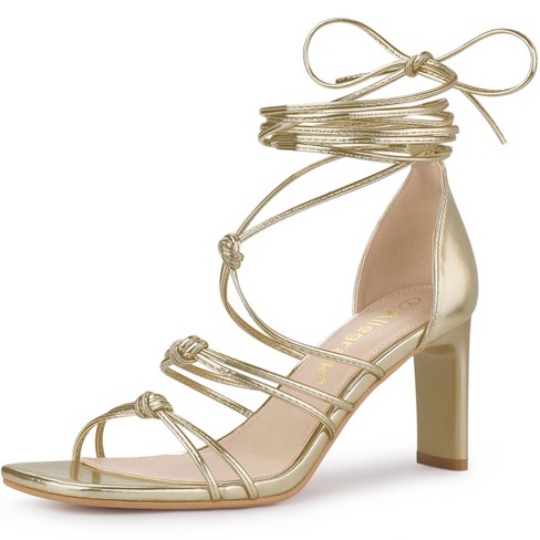 Allegra K Women's Lace Up Strappy Chunky High Heels Sandals Gold 7