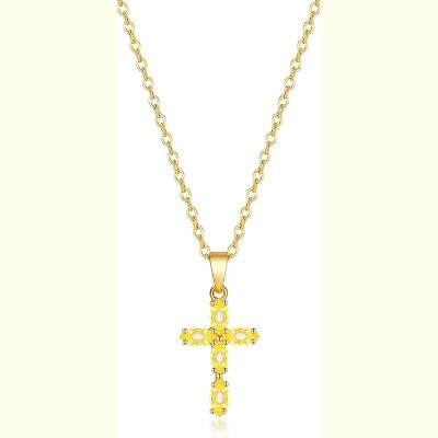14K Gold Plated Cubic Zirconia Cross Necklace for Women Birthstone Dainty Jewelry Gift