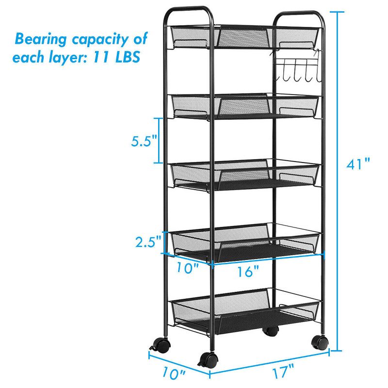 Costway 5 Tier Storage Rack Trolley Cart Home Kitchen Organizer Utility Baskets Black, 3 of 11