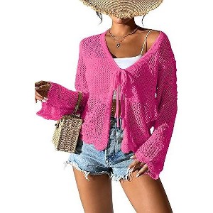 Coolmee Women's Tie Front Lightweight Crochet Cardigan Shrugs Knit Cardigan Crop Tops Cover Up - 1 of 4